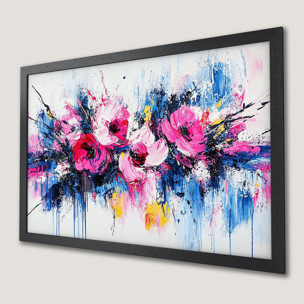 Framed Poster of abstract floral art. Bold pink, blue, and yellow palette. Modern wall decor.
