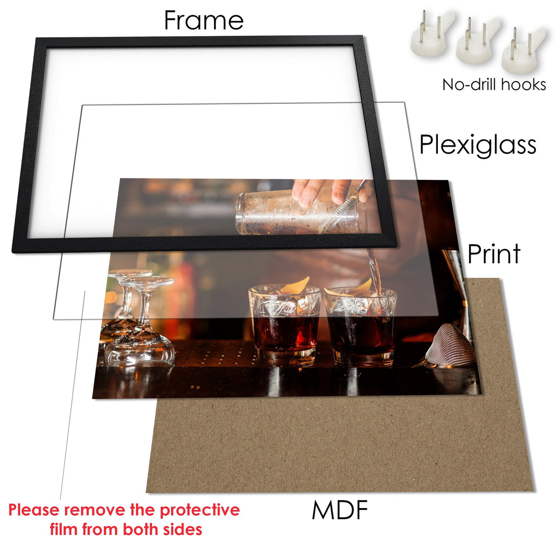 Framed Poster of a cocktail pouring, dark and moody style. Perfect for kitchen or bar decor. Warm color palette.