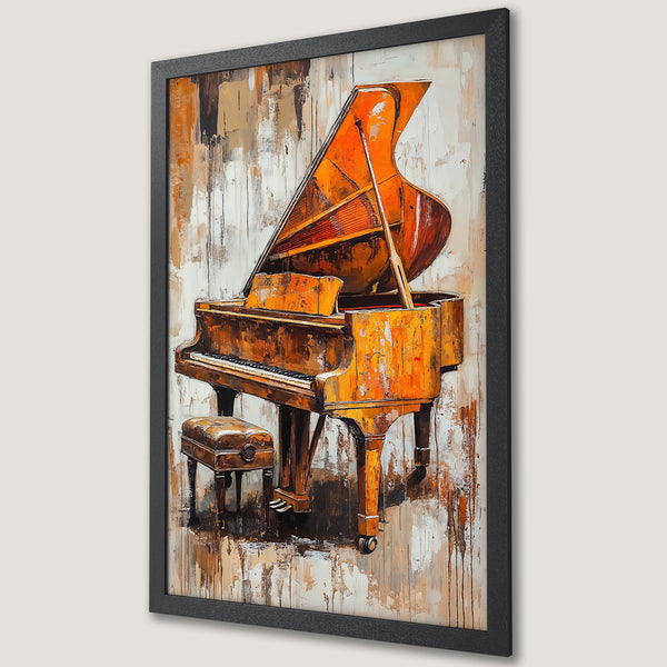 Framed Poster of a grand piano in an abstract style with warm orange and brown tones. Perfect musical art for your home!