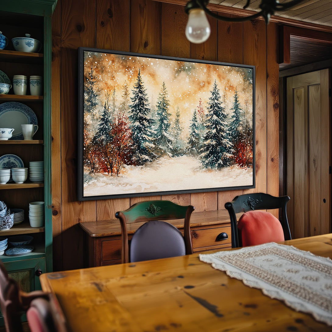 Framed Wall Art: Watercolor winter forest scene in warm orange and cool blue tones. Perfect for cozy home decor. Shop our Canvas Print collection today!