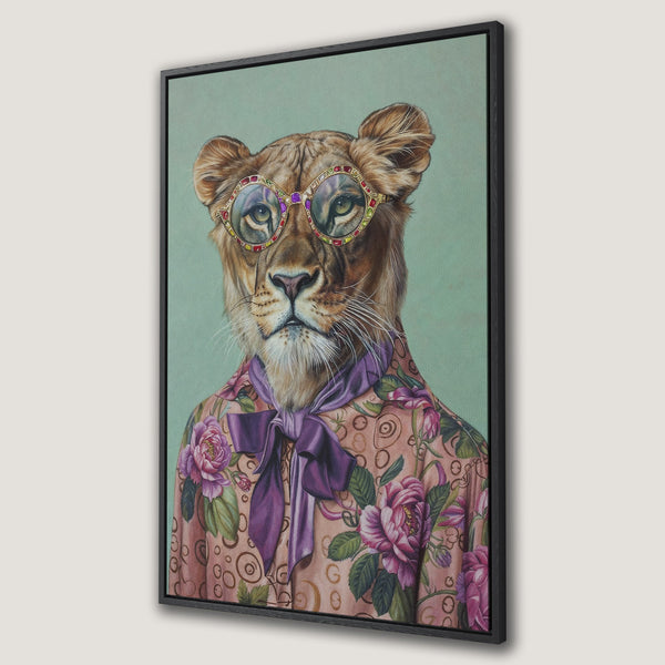 Framed Wall Art: Stylish lioness portrait with glasses and floral shirt. Pastel color palette. Perfect for adding a touch of whimsy to your decor.