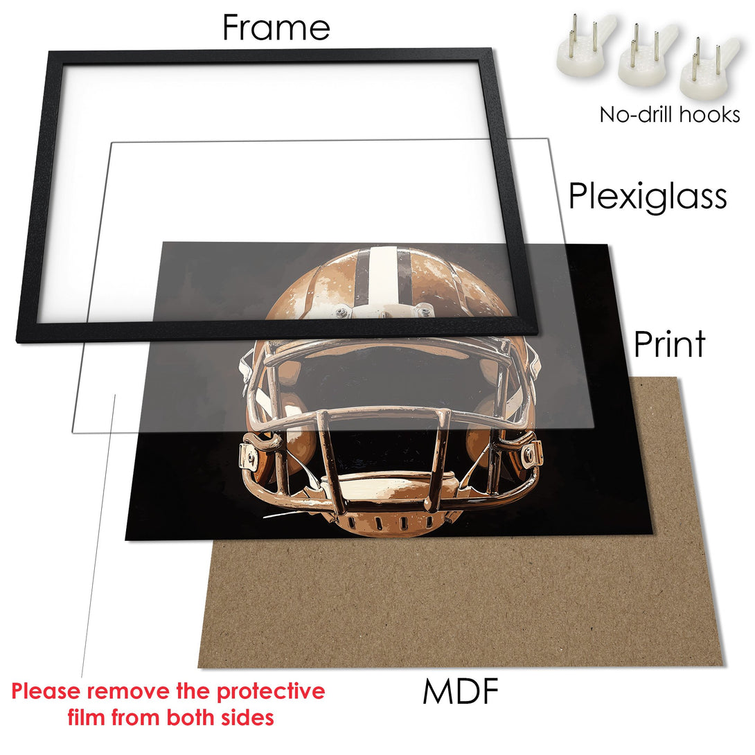 Framed Poster of a football helmet in sepia tones. Stylish sports art for your wall!