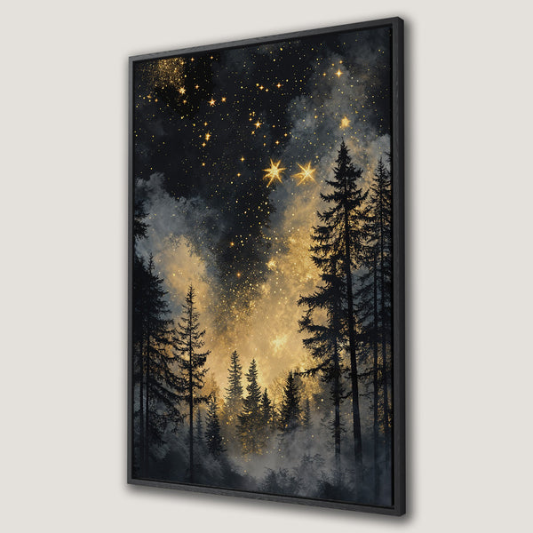 Framed Wall Art featuring a mystical forest scene with a starry night sky in gold and black. Perfect for adding a touch of magic to your home!