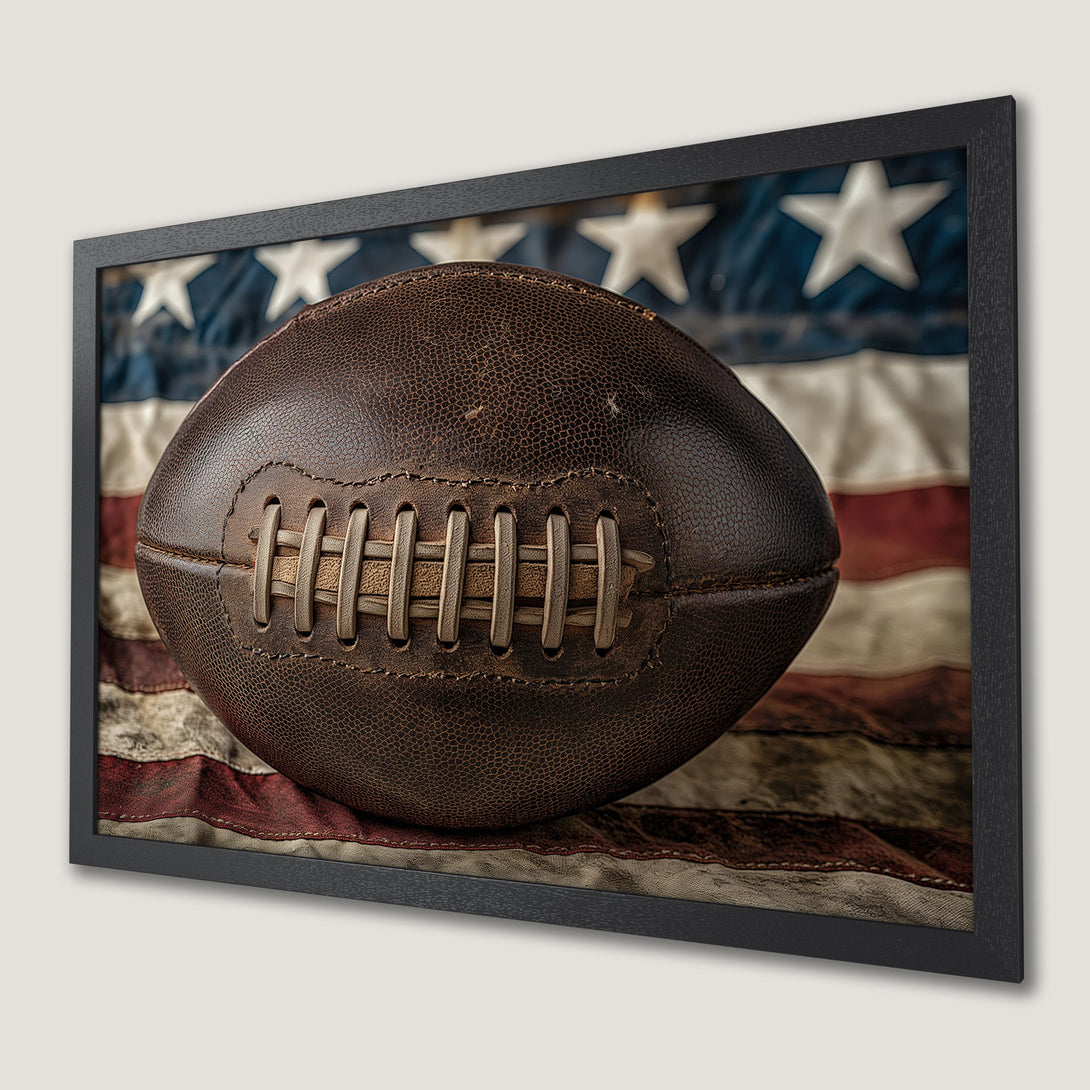 Framed Poster featuring a vintage football against an American flag backdrop. Rustic style with brown, blue, and red color palette. Perfect wall art!