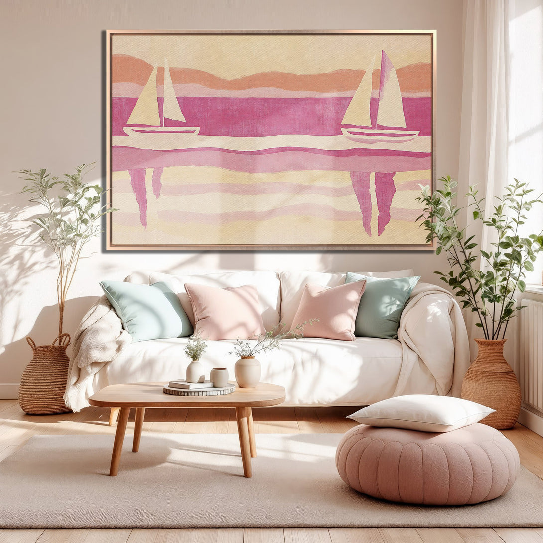 Framed Wall Art featuring sailboats in a watercolor style, with a pink and beige color palette. Perfect for adding coastal charm to your home!
