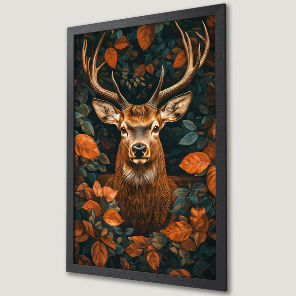 Framed Poster featuring a majestic deer in autumn leaves. Warm orange, brown, and green color palette. Perfect for nature lovers and home decor.
