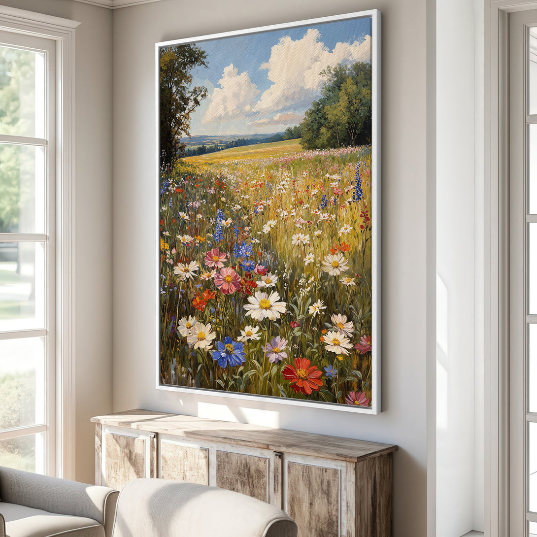 Canvas Print of a vibrant wildflower meadow painting, showcasing a colorful, impressionistic style with a warm, inviting palette.