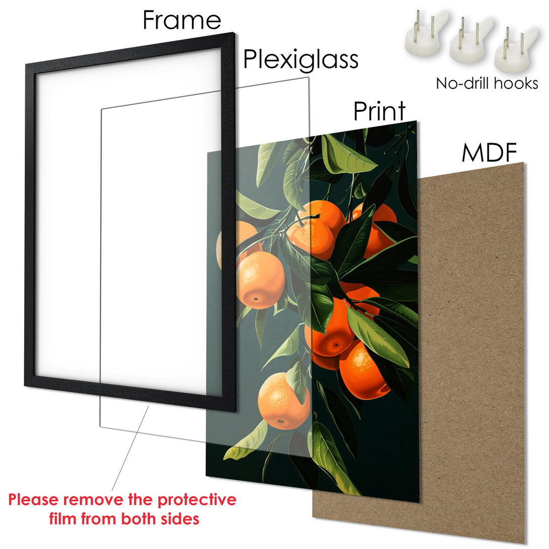 Framed Poster featuring vibrant orange fruit art. Modern style with a dark green and orange color palette. Perfect wall decor!
