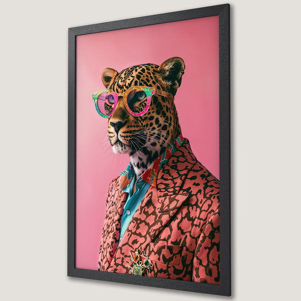 Framed Poster featuring a stylish leopard in a suit with colorful glasses, pop art style, pink and teal color palette.
