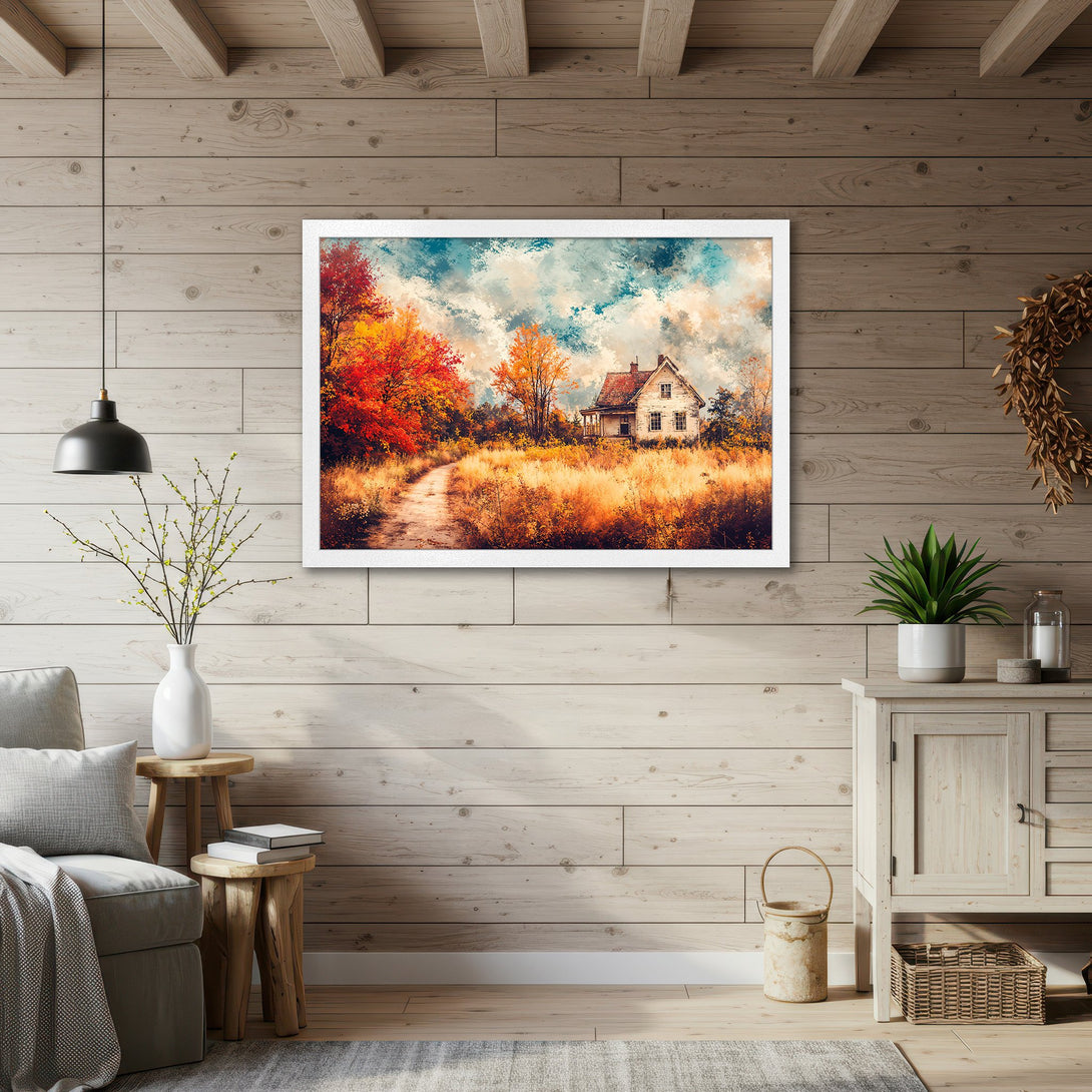 Framed Poster of a rustic house in autumn. Warm, impressionistic style with a vibrant red and gold color palette. Perfect wall art!
