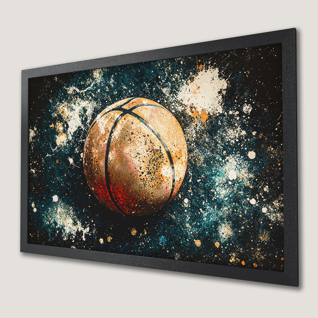 Framed Poster of a basketball in an abstract style with a dark, teal, and orange color palette. Perfect wall art!