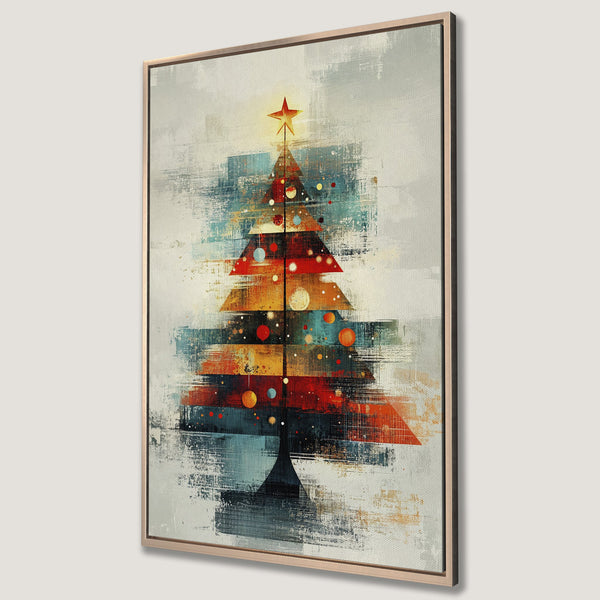 Framed Wall Art: Abstract Christmas tree canvas print in a modern style with a warm color palette of red, orange, and blue. Perfect for holiday decor!