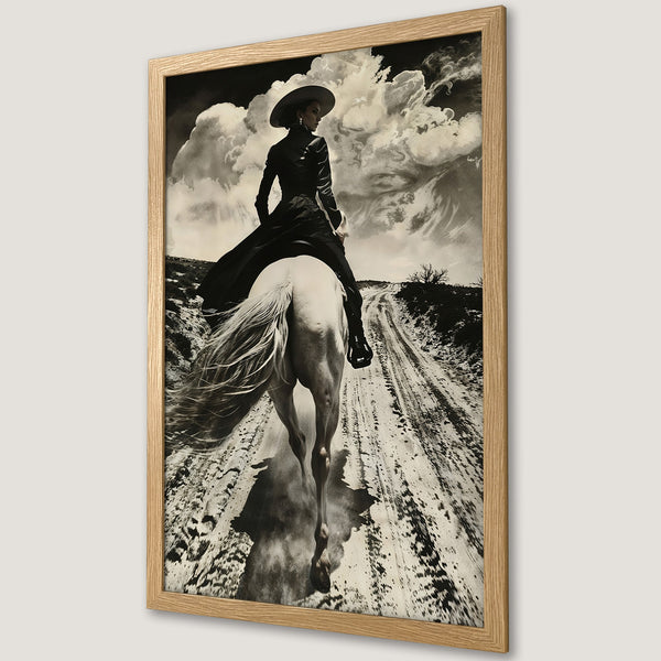Framed Poster: Dramatic black & white image of a cowgirl on horseback. Western art print with neutral color palette, perfect wall decor.