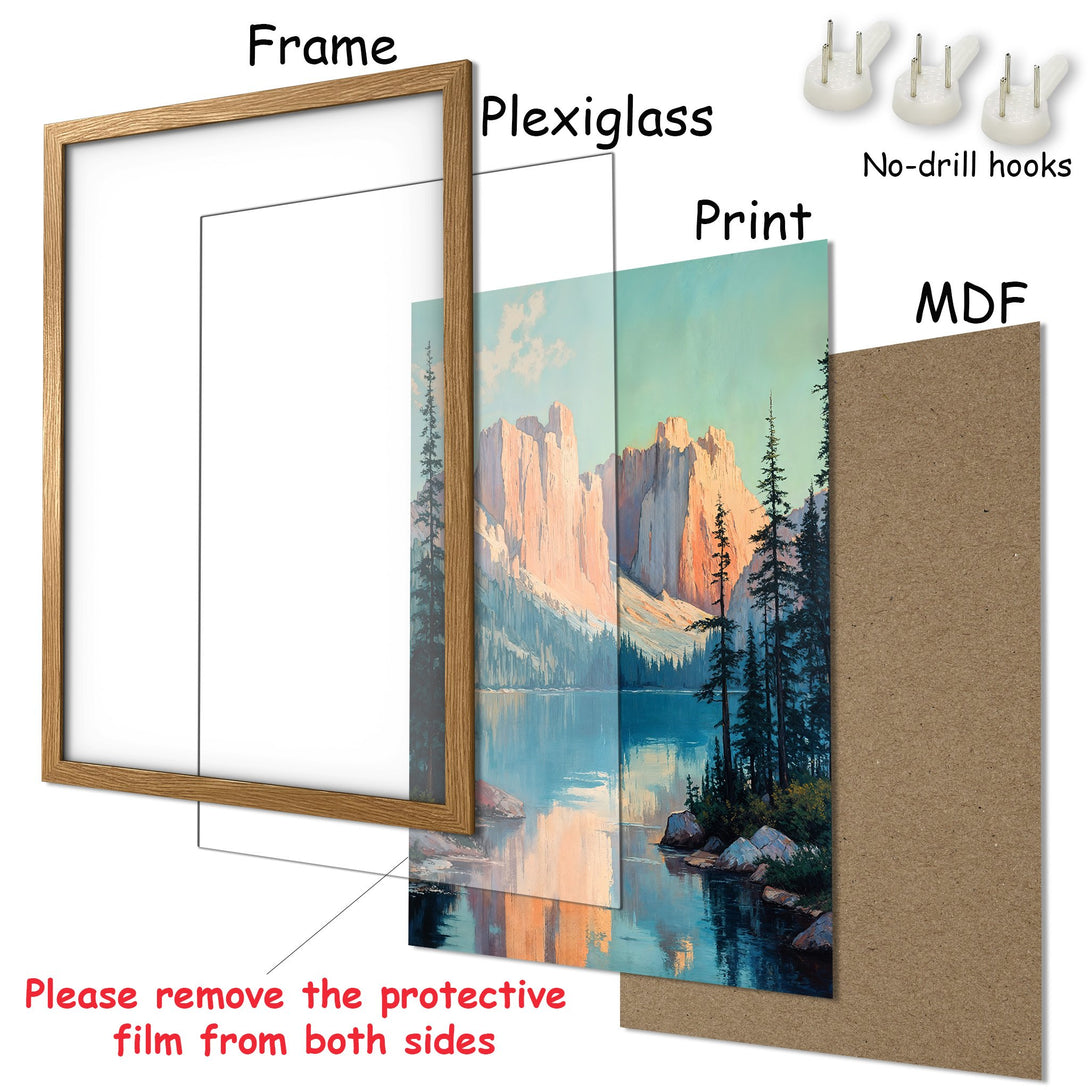Framed Poster of a serene landscape painting with mountains and lake. Featuring a natural color palette. Ready to hang!