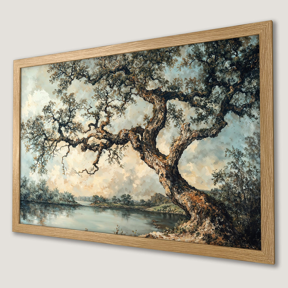 Framed Poster featuring a serene landscape painting of a tree by a river, with a muted color palette of greens, browns, and blues.