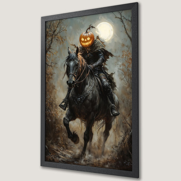 Framed Poster featuring the Headless Horseman on a black horse, in a gothic style with a muted, earthy color palette. Perfect Halloween decor!