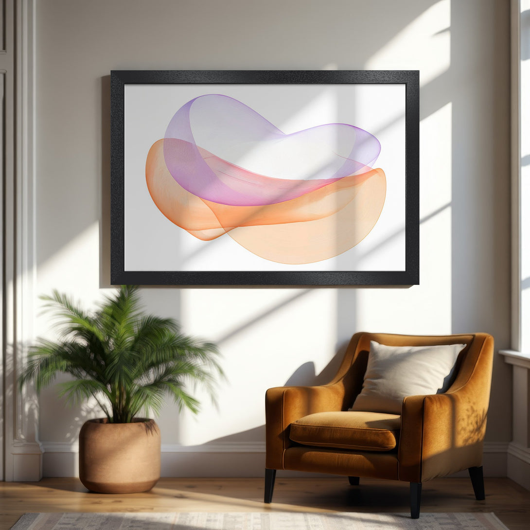Framed Poster featuring abstract art in orange, pink, and purple hues. Modern style for home decor.