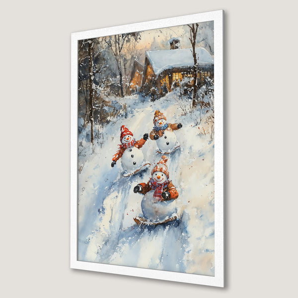 Framed Poster featuring watercolor snowmen skiing down a snowy hill. Winter scene with a blue, white, and orange color palette. Cozy holiday art.