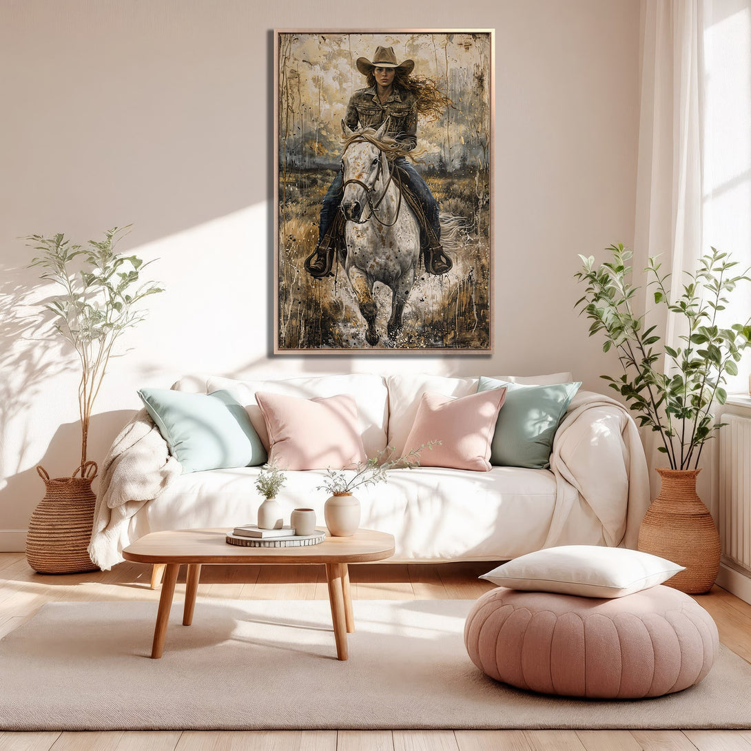 Framed Wall Art of a cowgirl riding a horse, displayed in a living room. The artwork features a neutral color palette with warm, earthy tones.