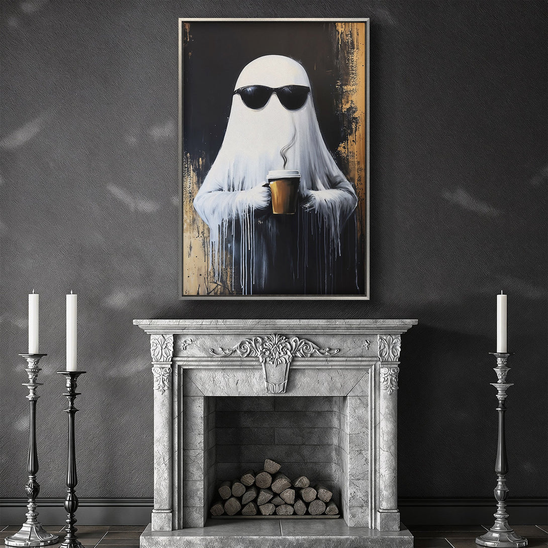 Framed Wall Art featuring a cool ghost with sunglasses holding coffee, in a black, white, and gold color palette. A stylish addition to any home!