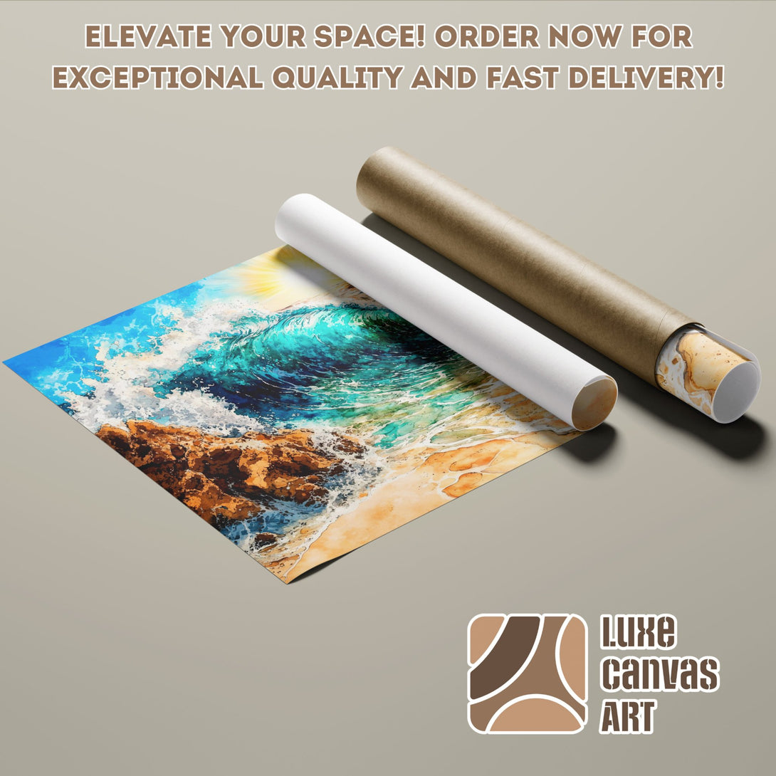 Poster Roll featuring a vibrant ocean wave art print, showcasing blue, teal, and gold tones.