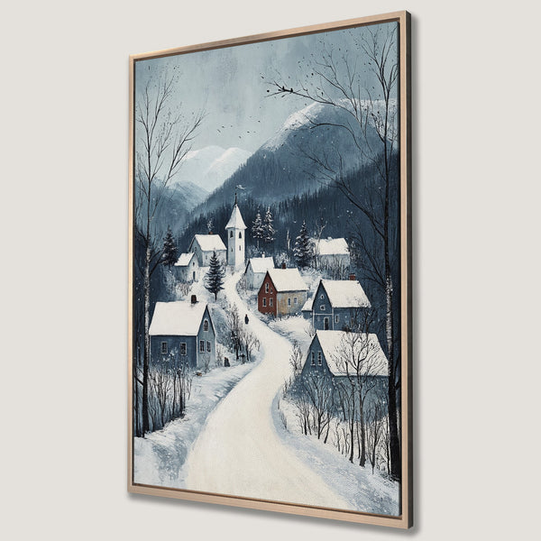 Framed Wall Art: Winter village scene in a muted blue and white palette. Impressionistic painting of snow-covered houses and mountains. Perfect for cozy decor.