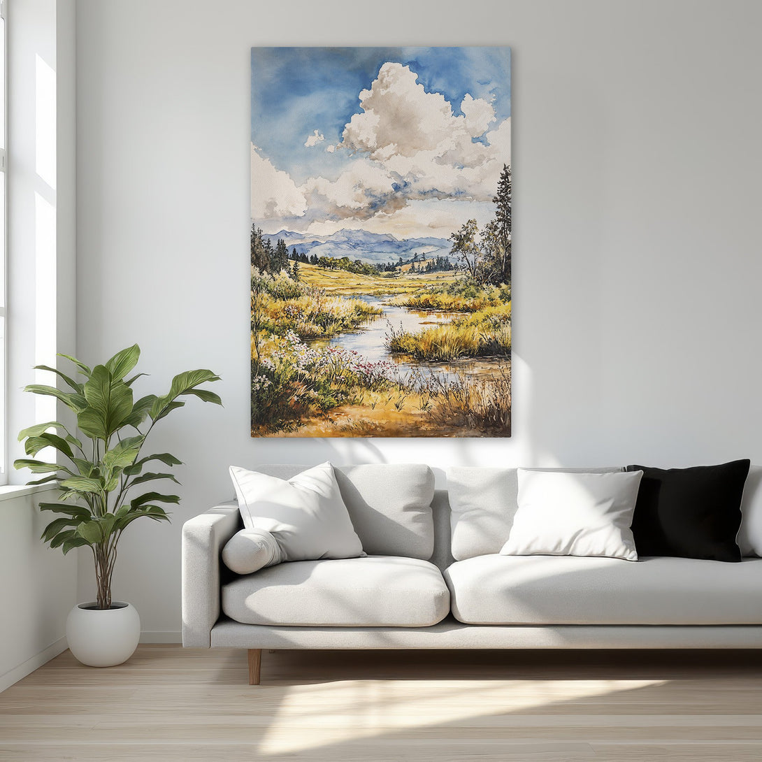 Framed Wall Art: Watercolor landscape Canvas Print with blue sky, gold frame, and warm color palette. Perfect for bedroom decor.