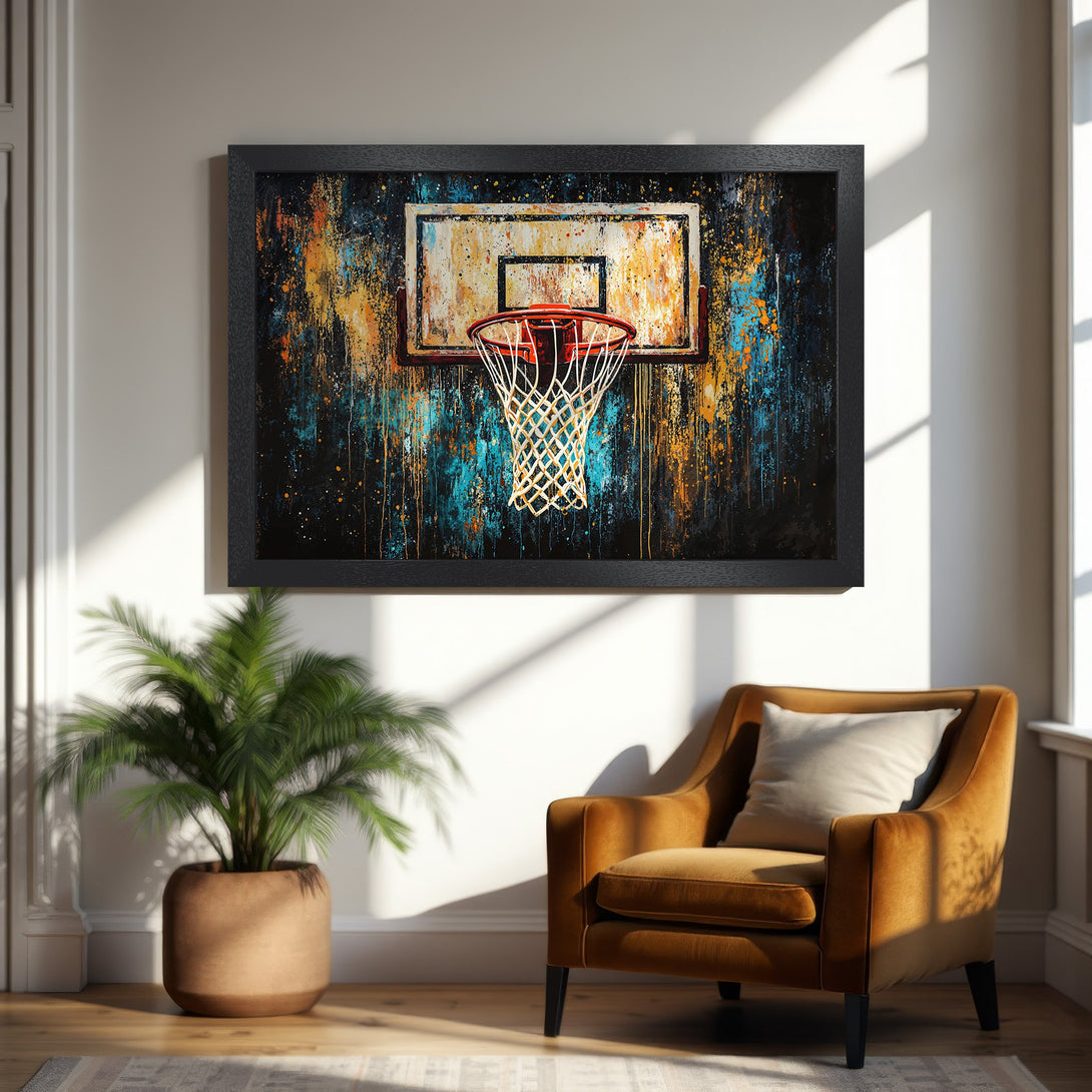 Framed Poster of basketball hoop, abstract art style with blue, orange, and black color palette. Perfect wall decor!