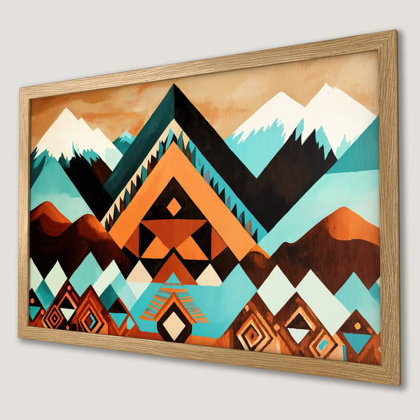 Framed Poster featuring geometric mountain art in a warm, earthy color palette. Perfect for adding a touch of nature-inspired style.