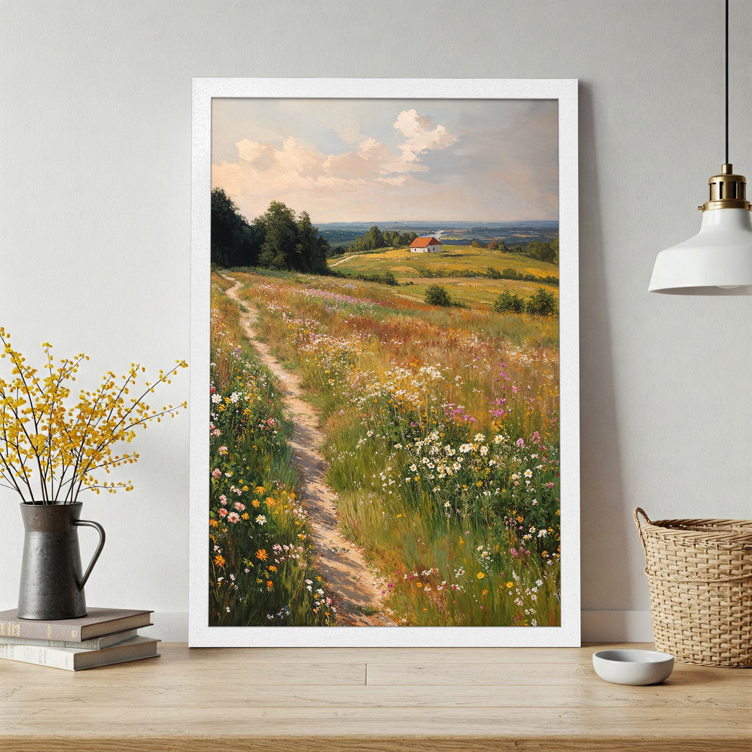Framed Poster of a serene landscape painting. Impressionistic style with a warm, natural color palette, featuring a path through a field.