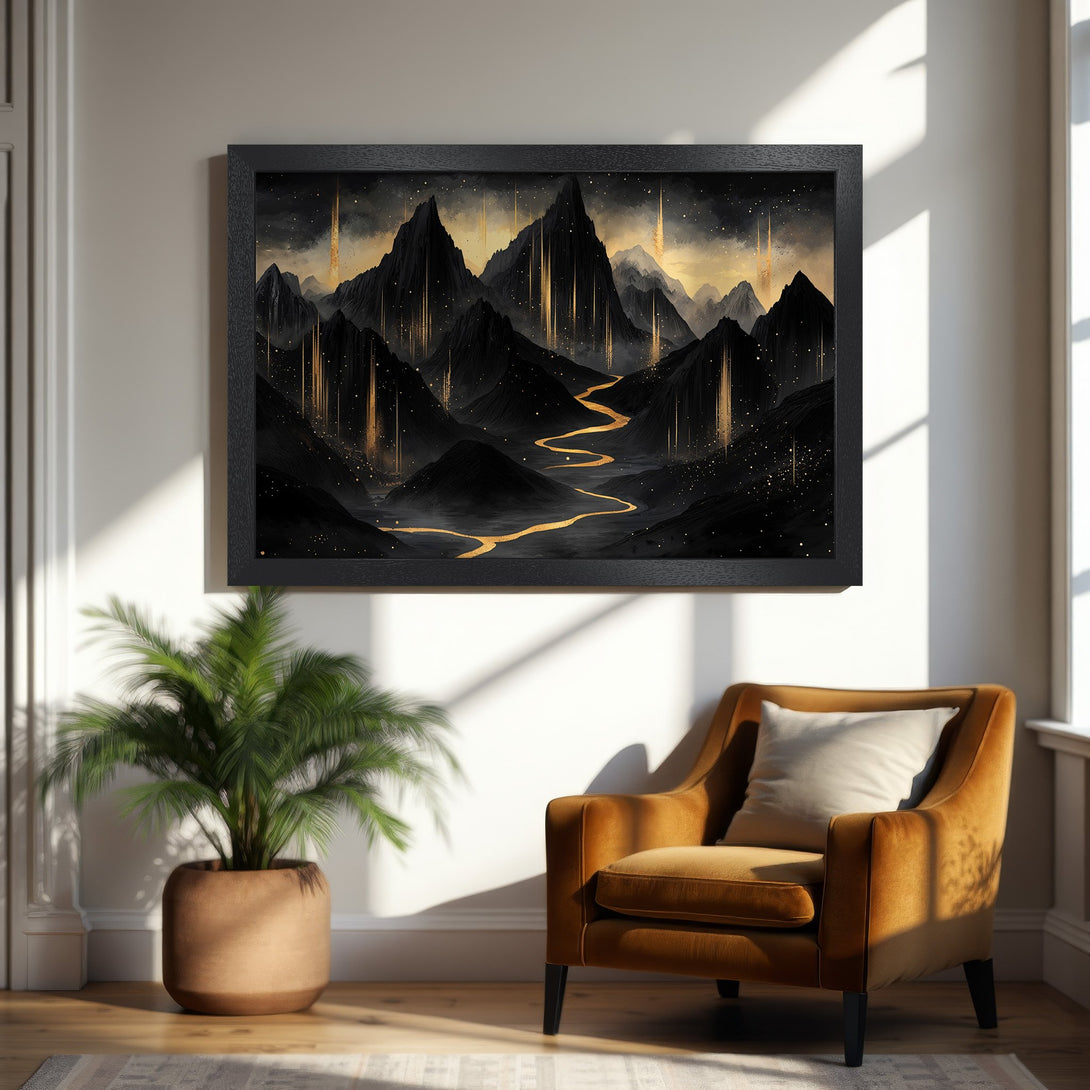 Framed Poster featuring a mountain landscape in a watercolor style, with a black and gold color palette. Perfect wall art!