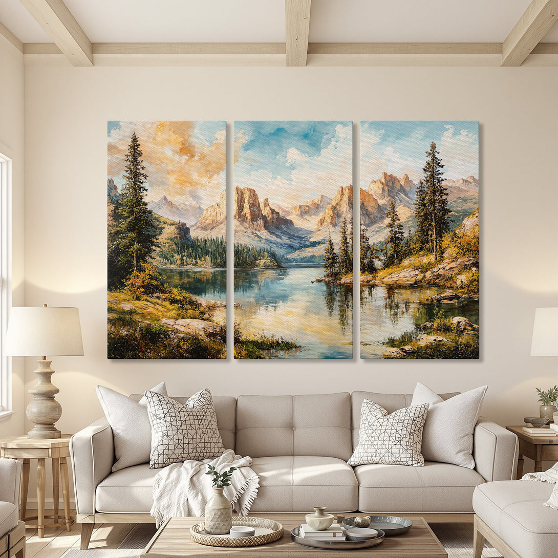 Canvas Print triptych of a mountain lake landscape in warm, earthy tones. Bring nature's beauty indoors with this stunning wall art!