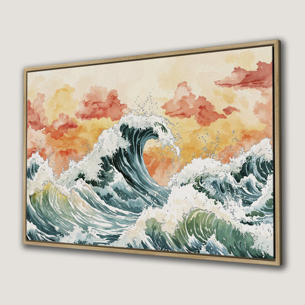 Framed Wall Art: Watercolor wave art in teal, green, and orange hues. Coastal decor canvas print for a calming, artistic touch.