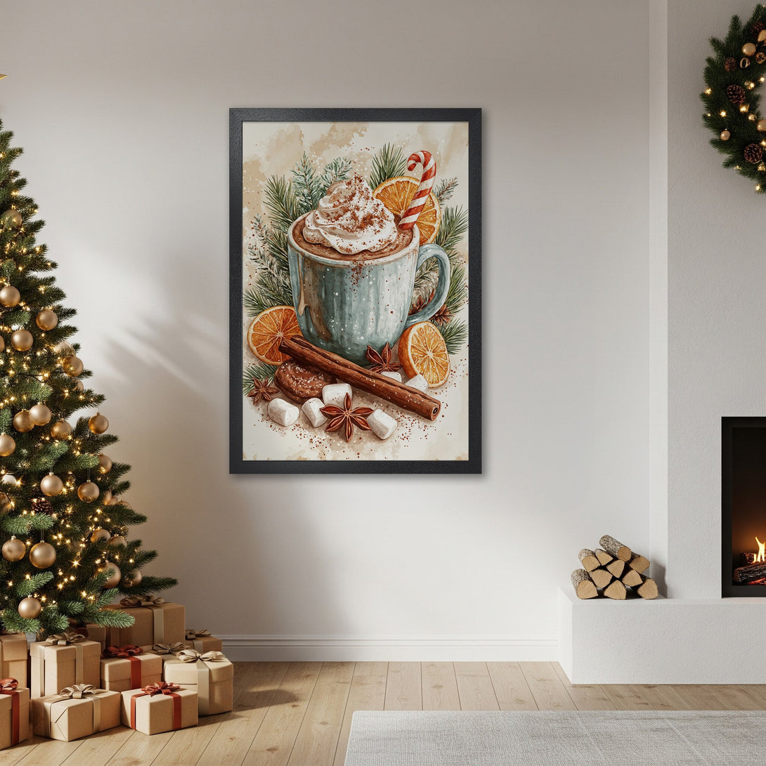 Framed Poster featuring a cozy watercolor illustration of hot chocolate, perfect for holiday decor. Warm, inviting color palette.
