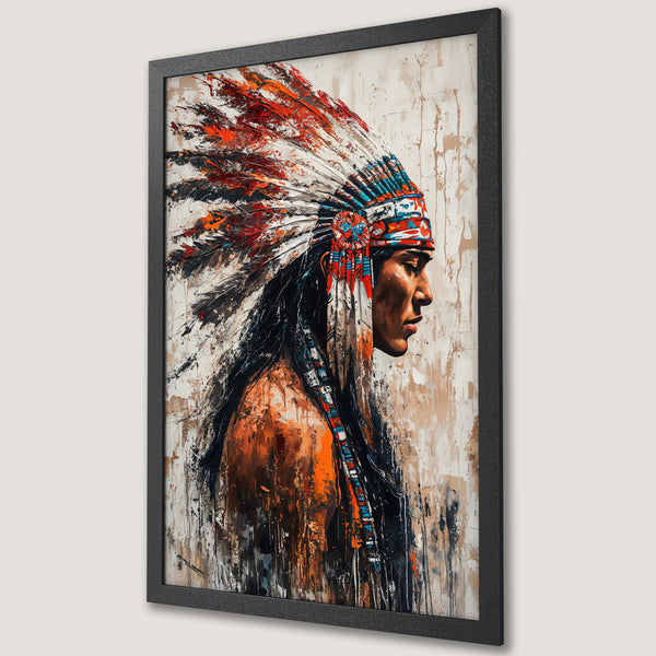Framed Poster featuring a Native American portrait in an expressive, abstract style with a warm, earthy color palette.