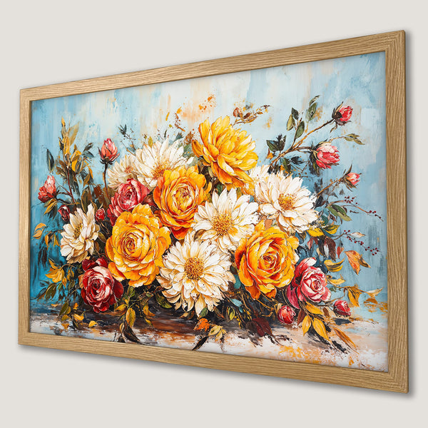 Framed Poster featuring a vibrant floral bouquet in a painterly style with a warm, colorful palette.