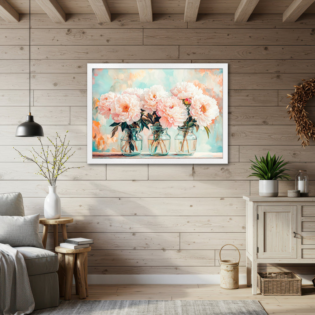 Framed Poster featuring watercolor peonies in soft pinks, blues, and greens. Perfect floral art for home decor.