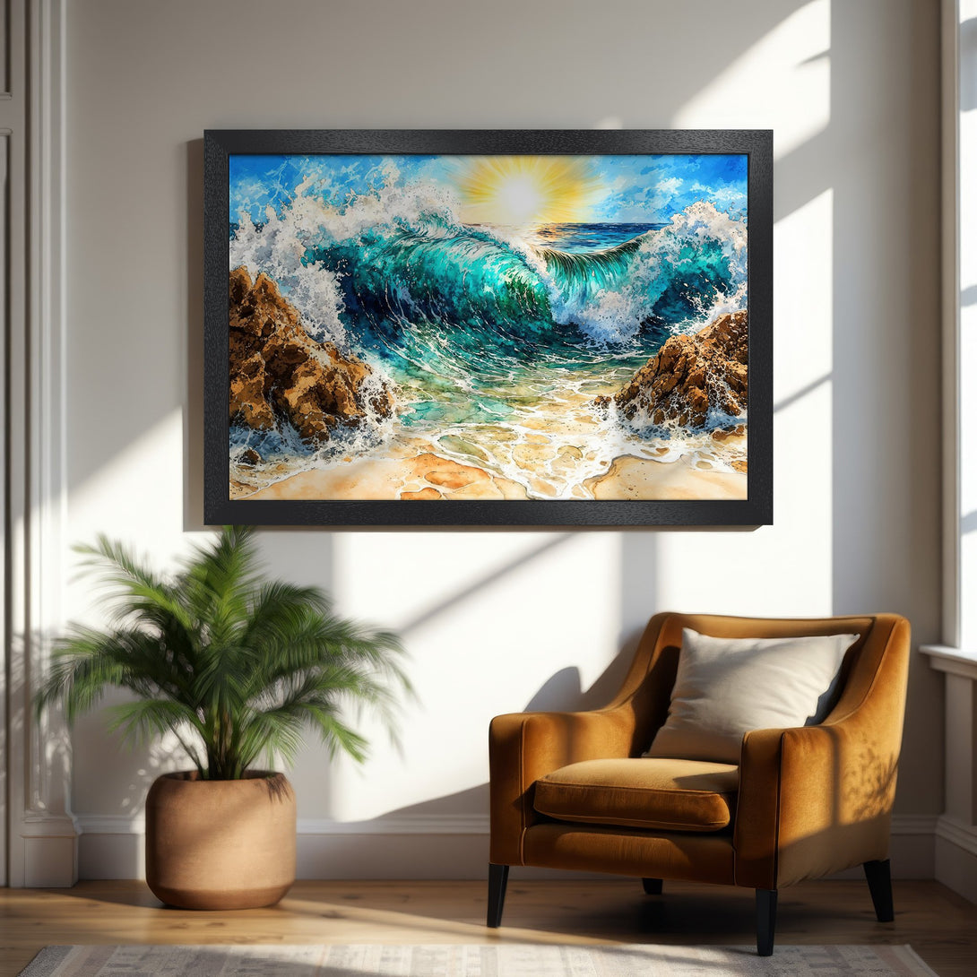 Framed Poster of a vibrant ocean wave, artistic style, featuring blues, greens, and golden hues. Bring the beach home!