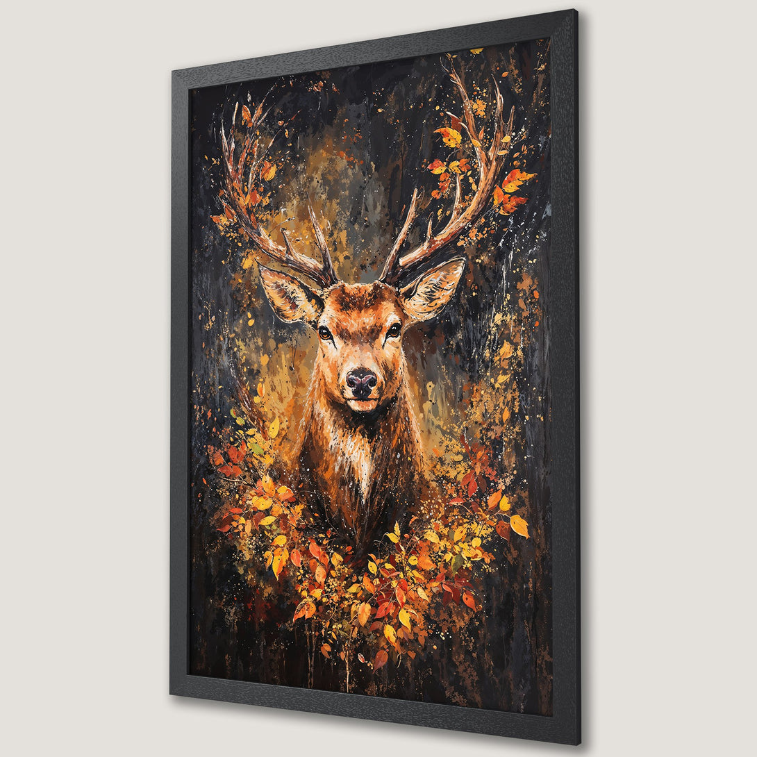 Framed Poster of a majestic deer in an autumnal style, featuring a warm color palette of browns, oranges, and yellows.