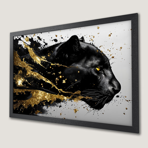 Framed Poster featuring a black panther with gold accents in a modern, abstract style. Black, gold, and white color palette.