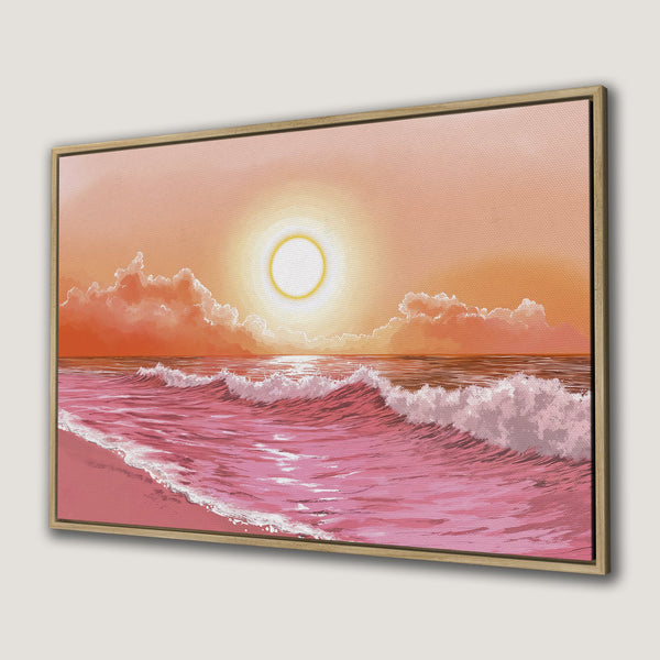 Canvas Print of a sunset beach scene in warm pink and orange hues. Coastal wall art for a calming aesthetic.