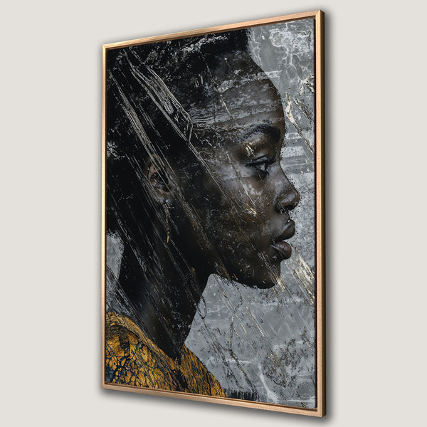 Framed Wall Art: Abstract portrait of a woman. Modern art in black, gold, and gray. Elevate your space with this stunning Canvas Print.