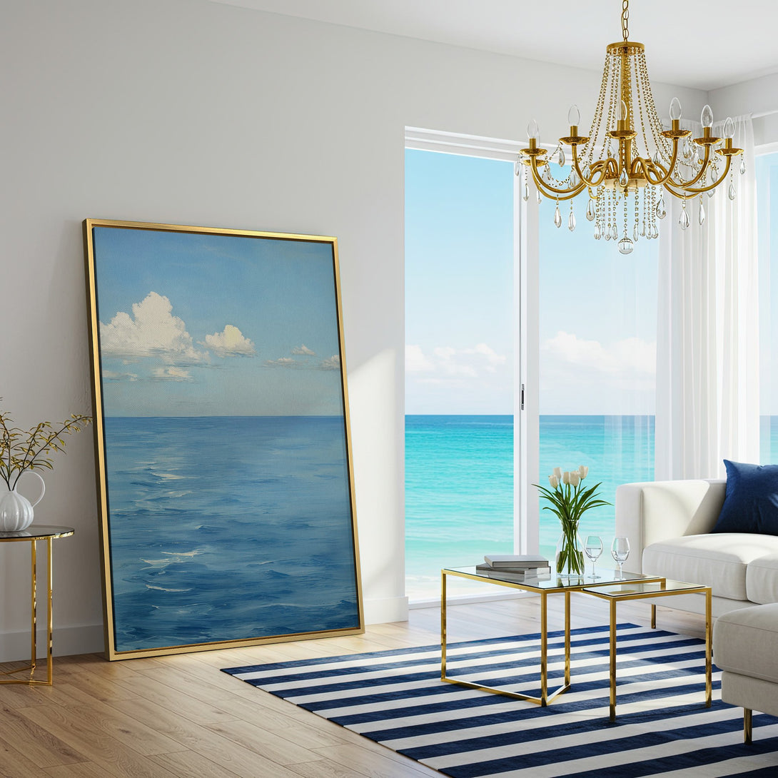 Canvas Print of ocean and sky artwork in a coastal style, blue and white color palette, perfect for a serene living room.