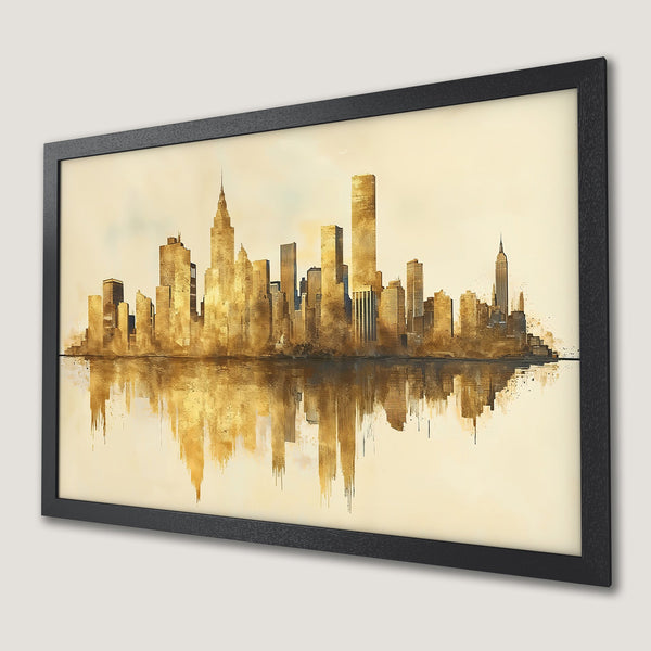 Framed Poster of NYC skyline in gold tones. Stunning watercolor style artwork for modern home decor.