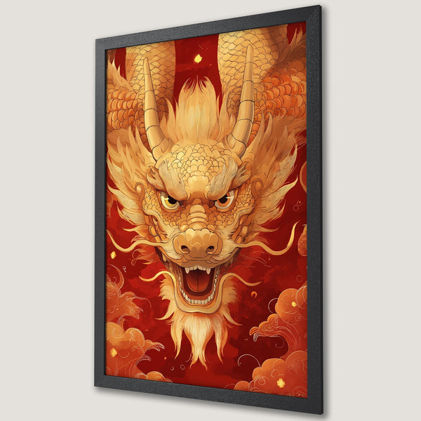 Framed Poster featuring a golden dragon illustration in a bold red and orange color palette, perfect for adding a touch of Asian art to your home.