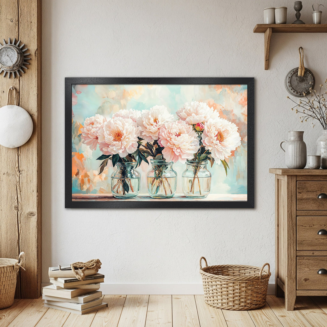 Framed Poster featuring watercolor peonies in soft pink & blue hues, perfect for adding a touch of elegance to any space.