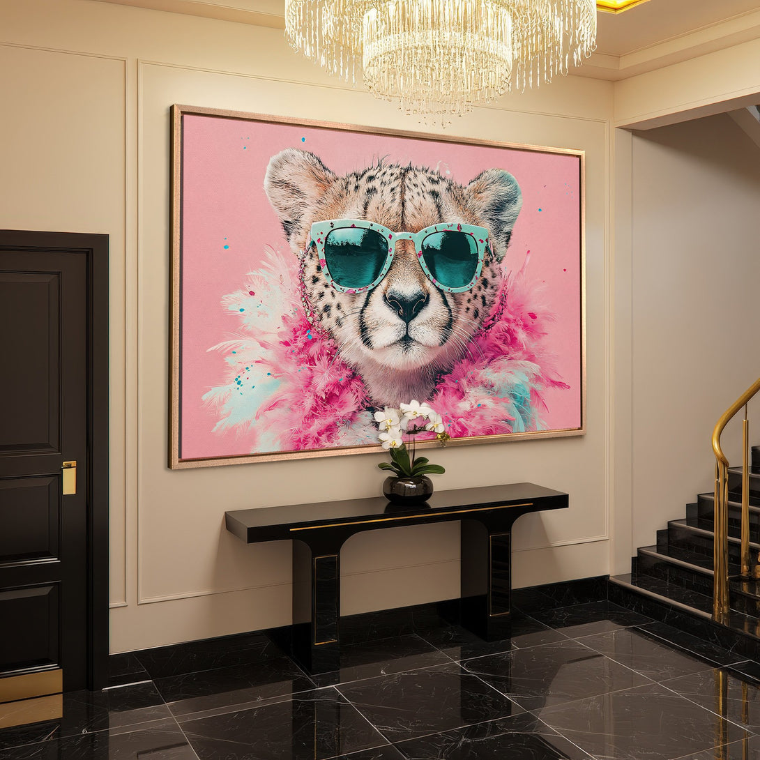 Framed Wall Art: Pop art cheetah in sunglasses with pink and turquoise accents. Stylish wall decor for a modern interior.