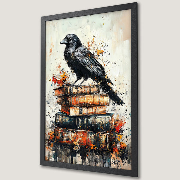 Framed Poster featuring a black raven on books, abstract style with orange, black, and white color palette. Perfect wall art!
