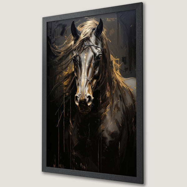 Framed Poster: Majestic black horse art print, gold accents, dark & elegant style. Perfect wall decor for a sophisticated space.