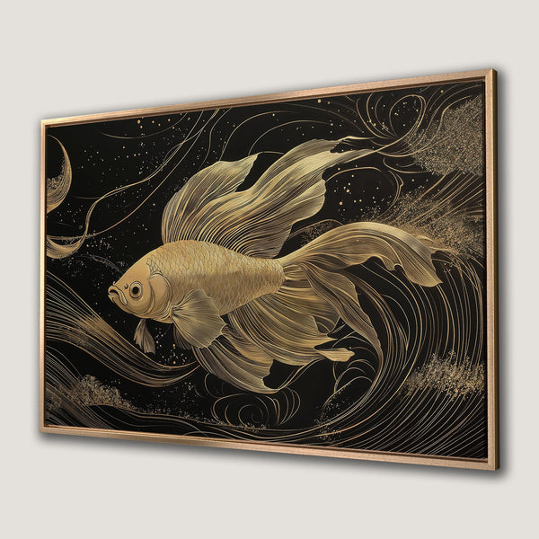 Framed Wall Art: Elegant gold fish illustration on black background. Modern art style with gold and black color palette. Perfect for home decor.